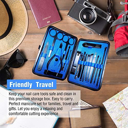 QLNE Manicure Pedicure Kit Nail Clippers Set 18 in 1 High Precision Stainless Steel Cutter File Sharp Scissors for Men & Women Fingernails & Toenails Vibrissac Scissors with Stylish Case (Blue_18in1)
