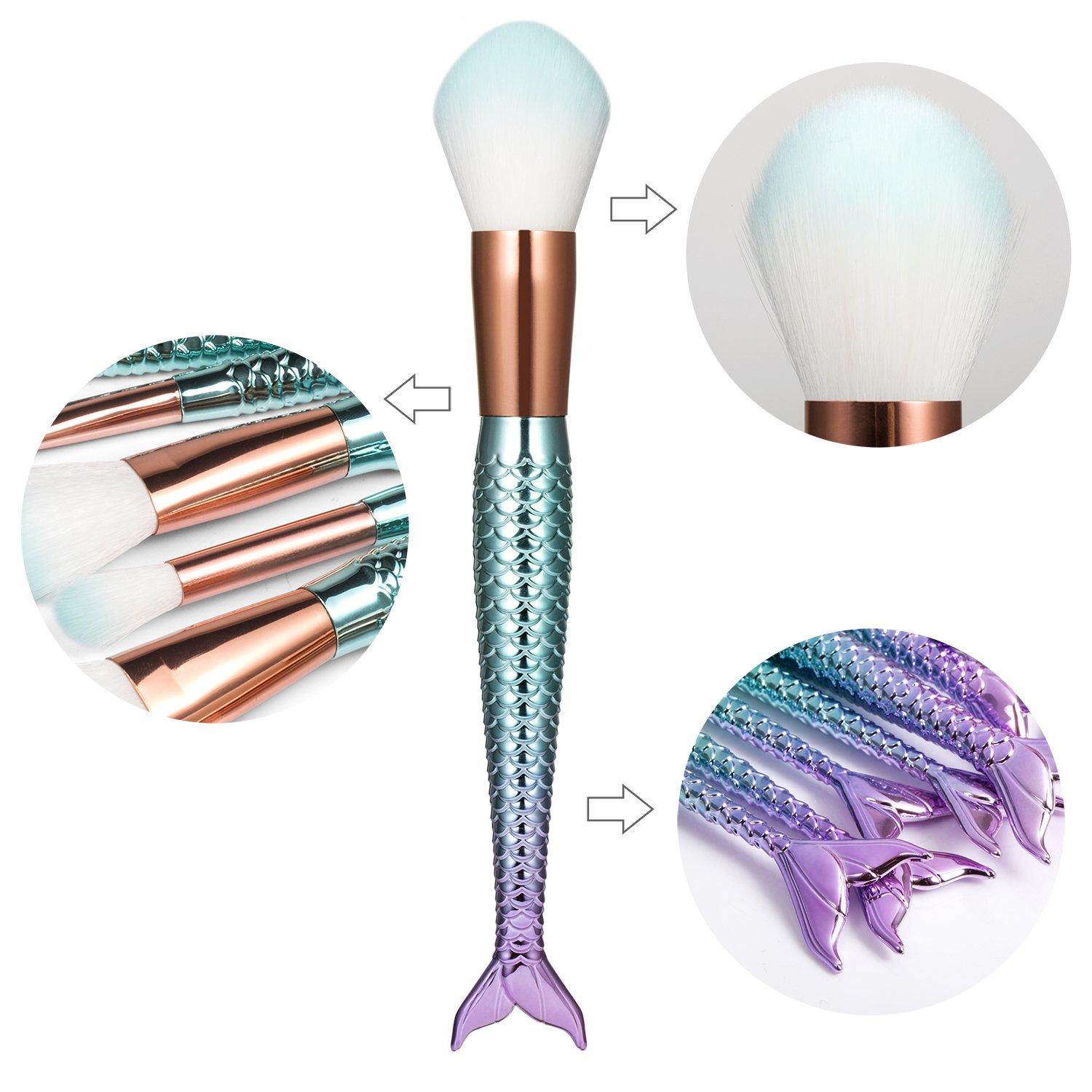 boniss Boniss Mermaid Makeup Brushes set Synthetic Fiber Hair 10Pcs Makeup Brush Kit with Bag Foundation Powder Eyeshadow Eyeliner Blending Blush Lip Concealer Fan Brush Face Cosmetic Tools (Purple blue)