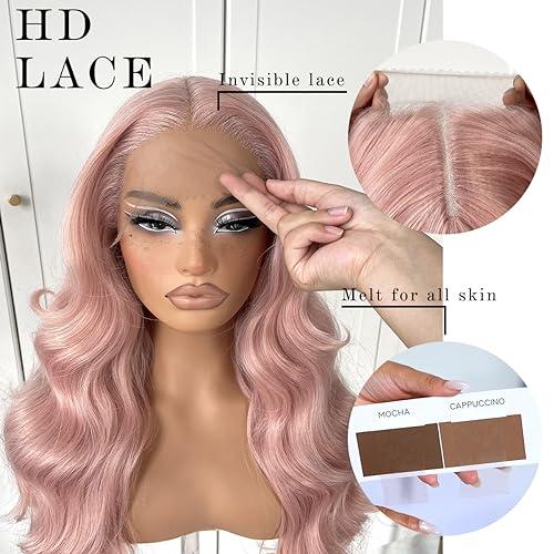 MITIMES MITIMES Pink Wigs Glueless HD Lace Front Wigs Pre Plucked Synthetic Body Wave Wear And Go Lace Front Wig For Cosplay Party Light Pink Wig With Natural Hairline For Fashion Women