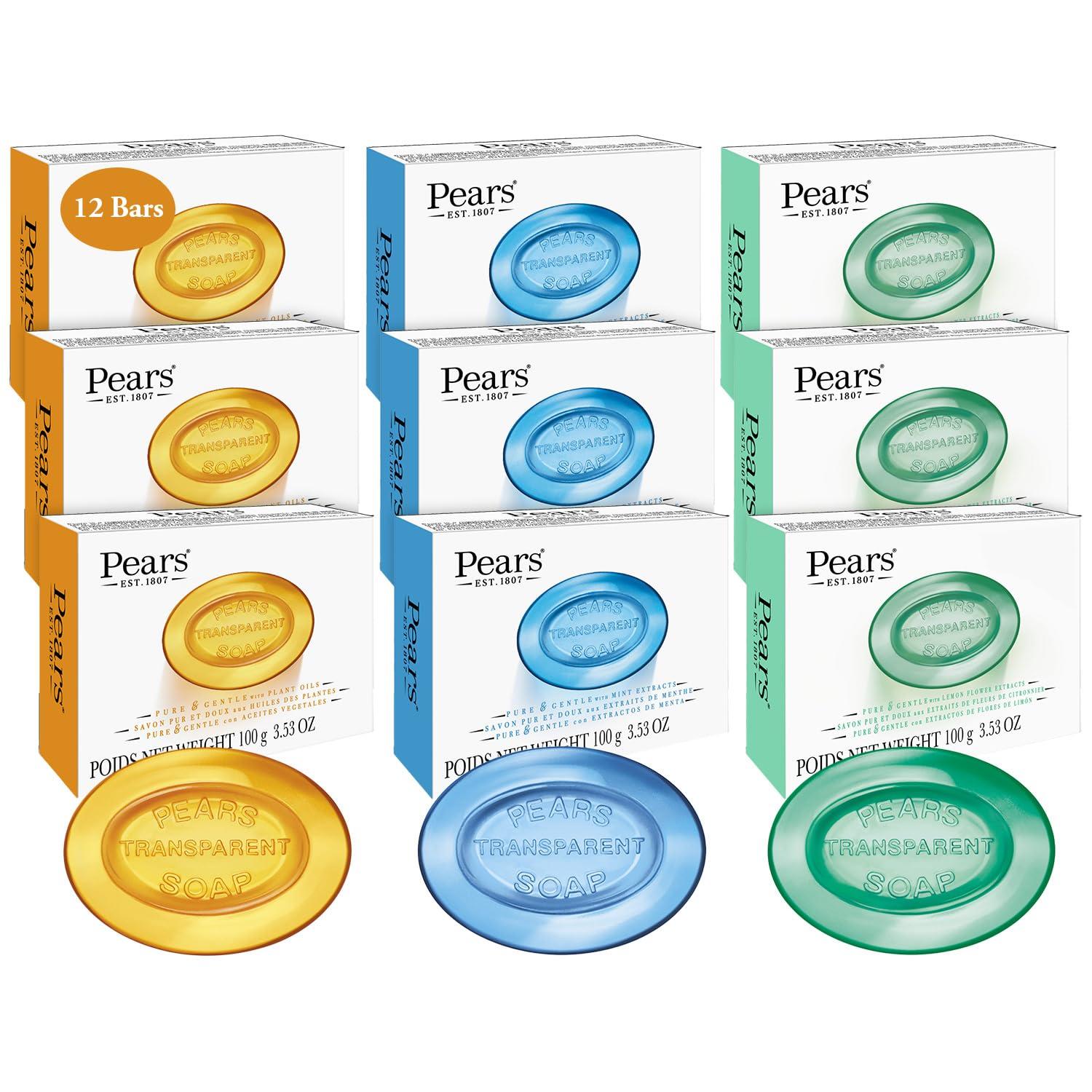 Pear Pears Soap, Face & Body Soap, Variety 12-Pack Pure & Gentle Transparent Bar Soap Bundle, Moisturizing Glycerin Soap for Glowing Skin, Amber, Blue, and Green Soap Bars, 3.53 Oz Ea