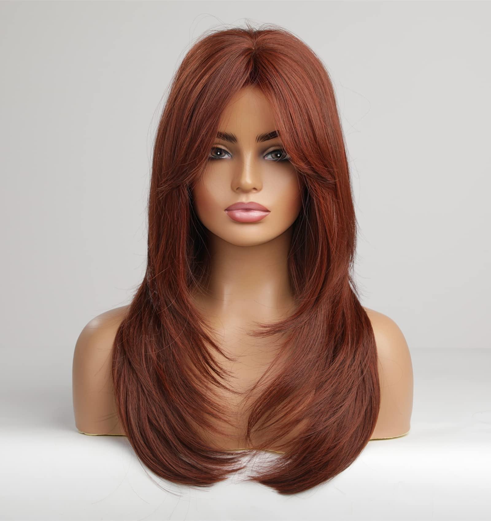 vedar vedar Auburn Red Wigs with Bangs, Copper Red Wigs for Women, Shoulder Length Synthetic Hair Red Full Wig, Middle Length Straight Hair Wig, 20 inch VEDAR-235