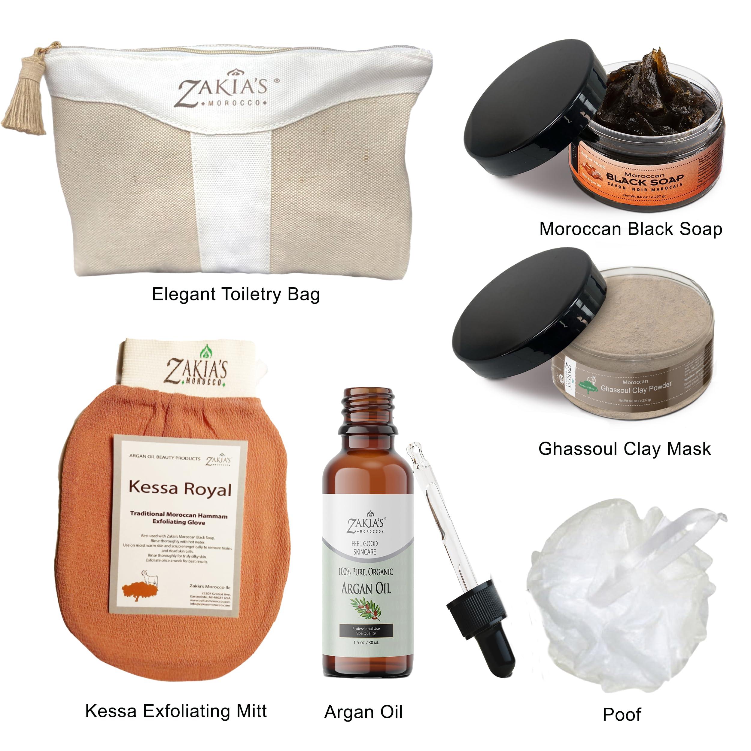 Zakia's Morocco Moroccan Hammam Spa Rejuvinating Ritual Beauty Skincare Kit - 6 piece, Moroccan Black Soap, Body Clay, Argan Oil, Pure & Natural, Purifying, Cleansing, exfoliating for every skin type. Original