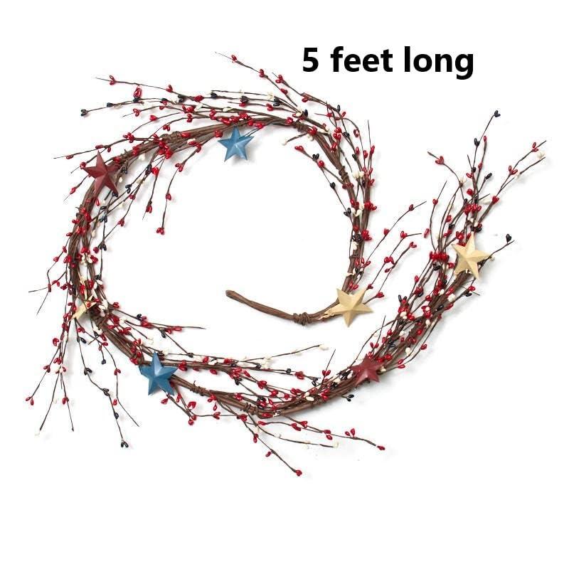 Factory Direct Craft Americana Pip Berry Garland with with Red, White and Blue Stars – Year Round Rustic Berries, Farmhouse Home Decor for Table Arrangements, Fireplace Mantel, and Seasonal Centerpiece Decorations (60" L)