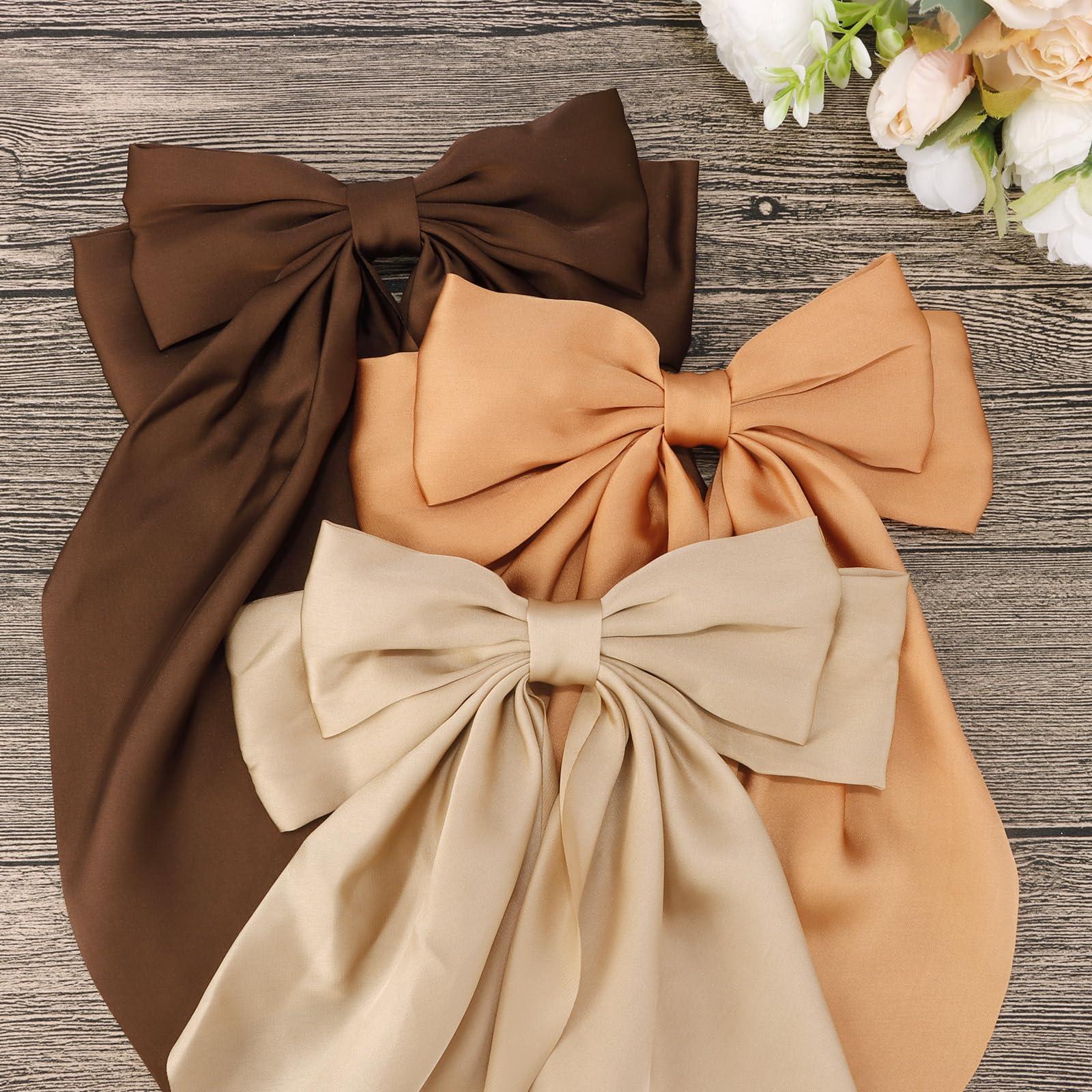 VELSCRUN Velscrun Hair Bows for Women Girls 3Pcs Brown Series Hair Bow Big Hair Bows Clip Silky Satin Large Hair Ribbons Oversized Long Tail Hair Bows Hair Barrettes Hair Accessories Gifts for Sisters