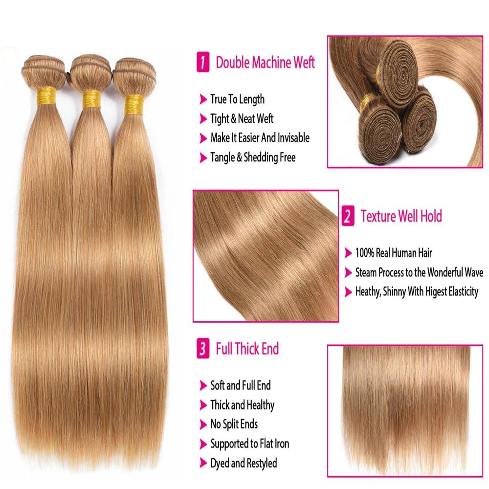 Hiaplame Honey Blonde Bundles Brazilian Virgin Remy Hair - Straight, Soft, No Tangle, 24-28 inch, 27 Bundles