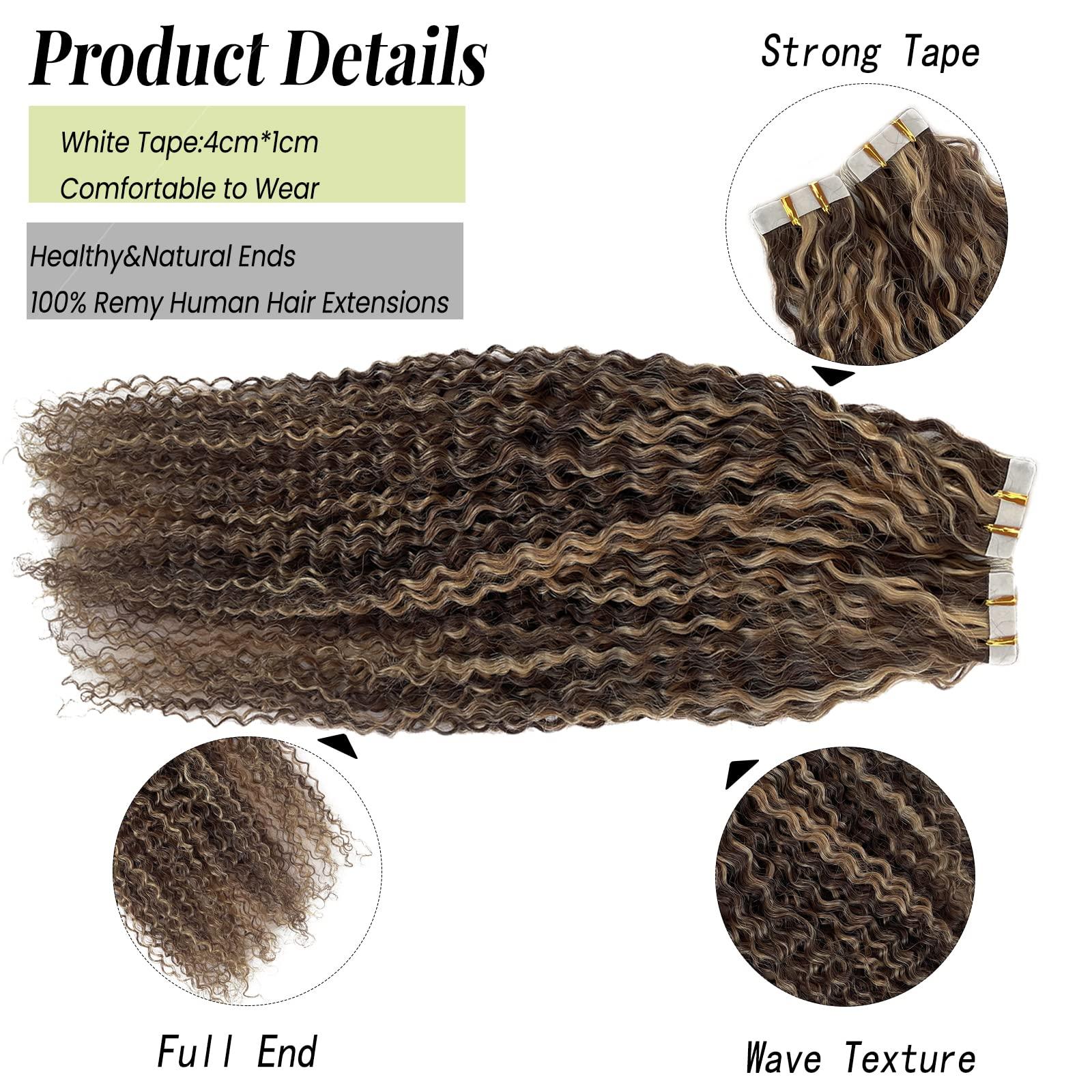 Valiilo Jerry Curly Tape ins Human Hair Extensions, Blonde Tape in Human Hair Extensions Invisible Glue in Remy Hair Brown to Caramel Blonde Highlights Curly Tape on Real Hair 20 Pieces 50 Gram 22 Inch