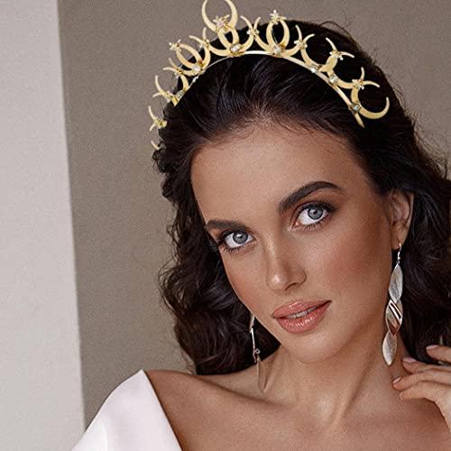Urieo Urieo Rhinestone Moon Crown Headband Gold Star Headpiece Crystal Tiara Headbands Parties Hair Accessory for Women