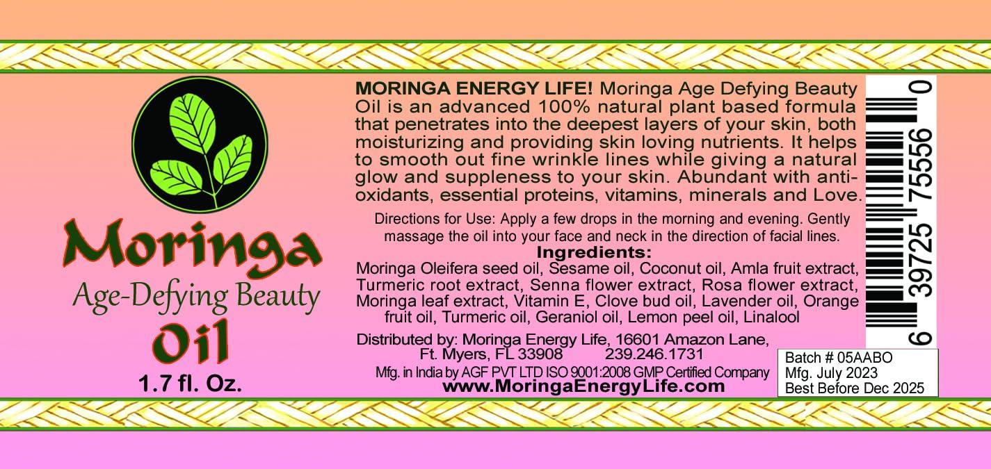 MORINGA ENERGY LIFE Moringa Age Defying Beauty Oil with Vitamin E - 100% Pure Cold Pressed Skin Care Oil Moisturizer for Face & Aging Reversal, Natural Skin Glow - 1.7 oz