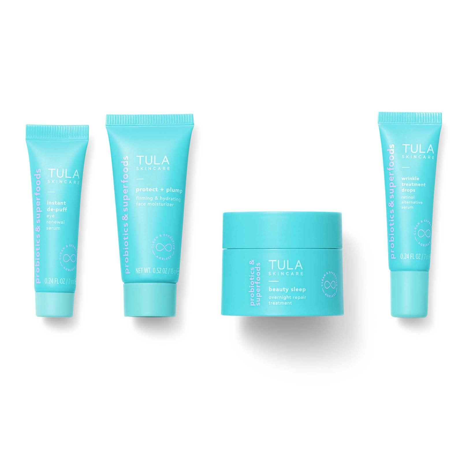 TULA TULA Skin Care Your Best Skin At Every Age Firming & Smoothing Discovery Kit, New Packaging - Wrinkle Treatment, Face Moisturizer, Eye Serum and Overnight Repair Treatment, Anti-Aging, 4-Piece Kit