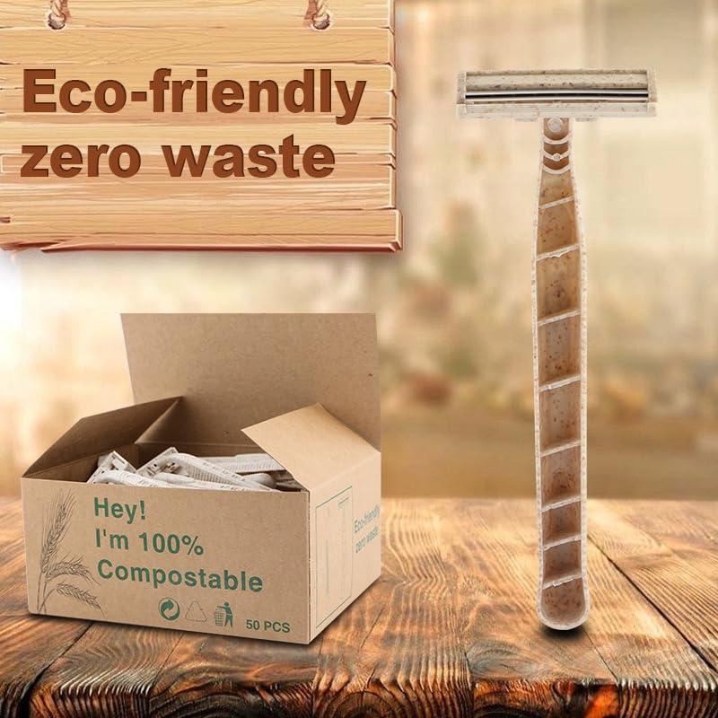 PaReks 50 Pcs Environmentally Friendly Razors - Disposable Recycled Material Men\'s and Women\'s Razors - Double Blades, Biodegradable Wheat Straw