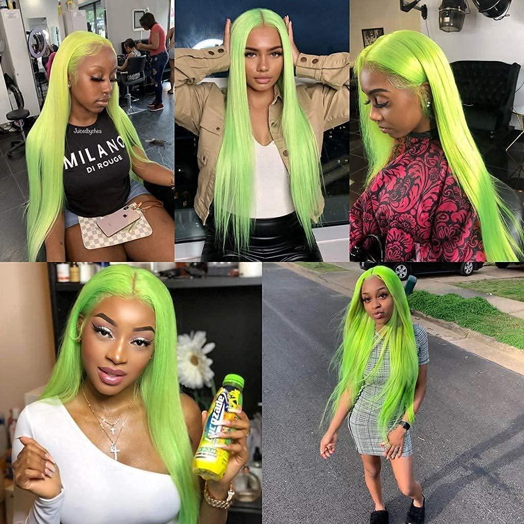 RainaHair Green Lace Front Wigs Straight Light Green Synthetic Hair Natural Heat Resistant Hair Wigs Half Hand Tied Wigs for Cosplay Daily Wear (24 Inch, Greenst/lace front wig)