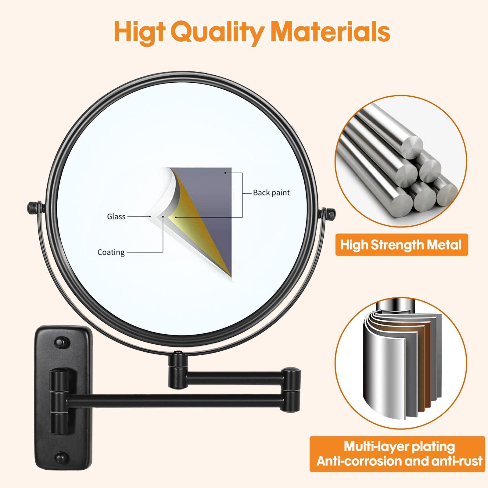 HOMEMIRO Large Size 9-in Wall Mounted Magnifying Makeup Mirror 1X/10X Magnification,Extendable Bathroom Mirrors Wall Mount Vanity Mirror for Shaving,12-in Folding Arm,Flexible Adjustable,Space-Saving,No Light