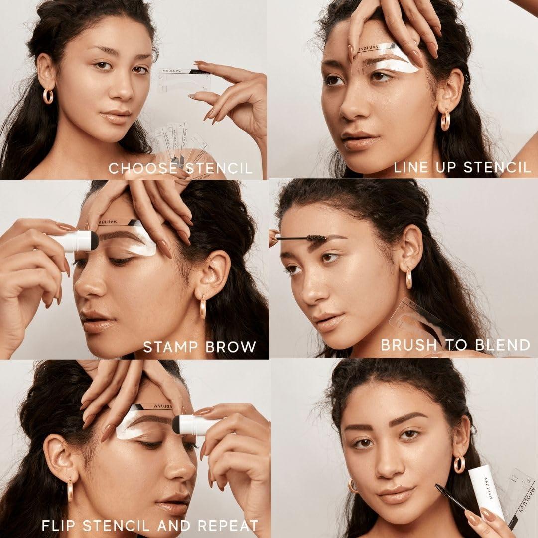 MADLUVV MADLUVV Eyebrow Stencil Kit - Easy-to-Use, Natural Look, 9 Popular Shapes, Used by Professionals - Includes Stamp, Stencils, Spoolie, and Travel Bag (Dark Grey)