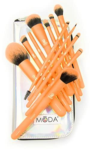 MODA MODA Totally Electric 13pc Full Face Makeup Brush Set, Includes - Powder, Complexion, Blush, Shader, Smudger & Crease Brushes with Zip Case (Neon Orange)