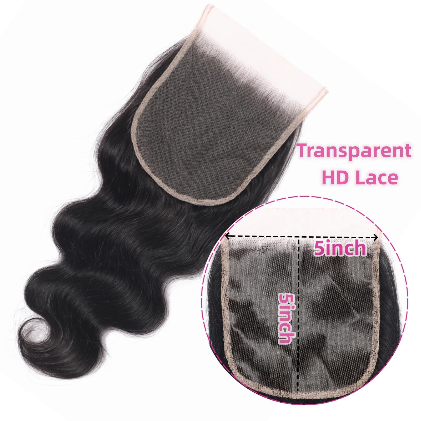 Doiwile 5X5 HD Lace Closure Body Wave Ultra-thin Transparent HD Lace Closure 10A Brazilian Virgin Human Hair Closure Free Part Pre Plucked with Baby Hair (5x5 lace closure, 14inch)