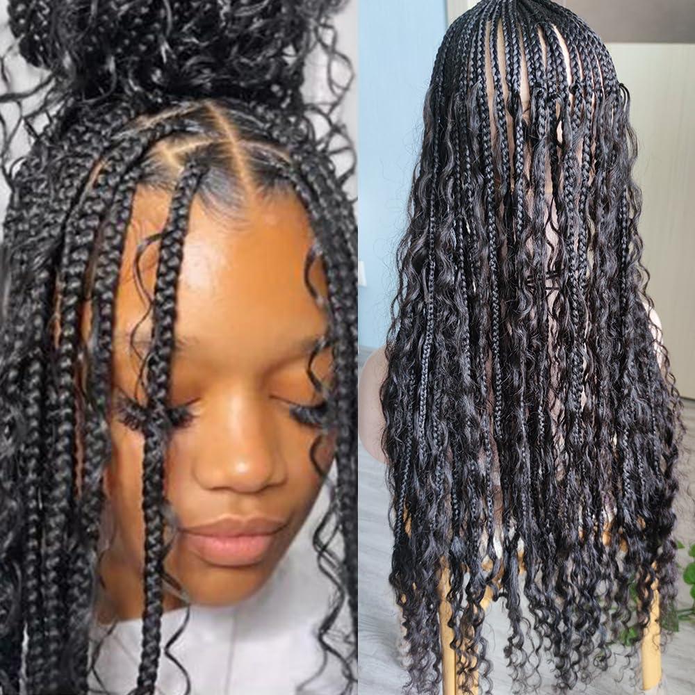 UMRHair Prelooped Human Hair Bulk Crochet Goddess Braids with Human Hair Curls Synthetic Braiding Hair with Curly Ends Crochet Boho Box Braids Natural Black 30inch