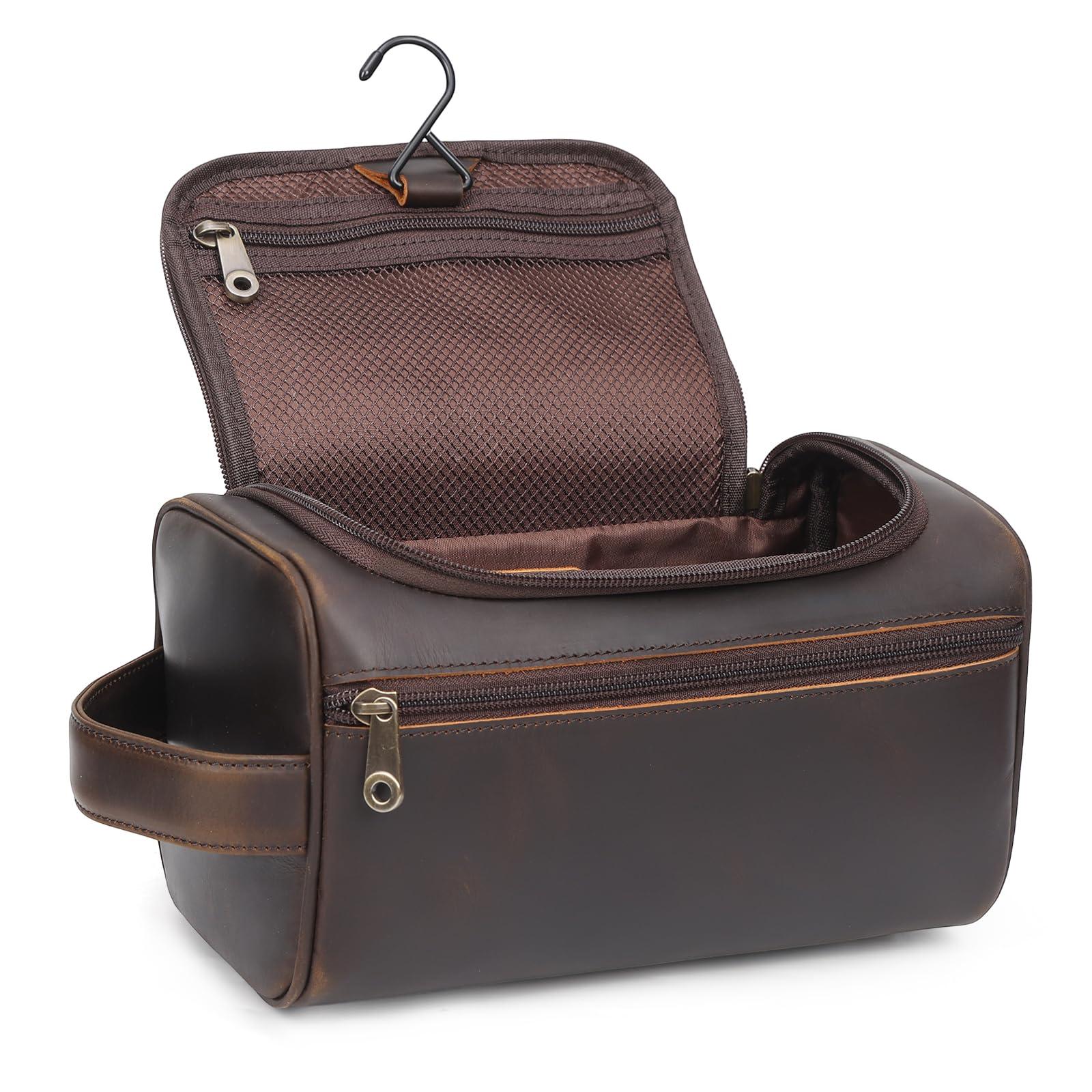 TIDING TIDING Men\'s Leather Hanging Toiletry Bag Portable Travel Dopp Kit Cosmetics Makeup Toiletries Organizer Shaving Kit Wash Bag