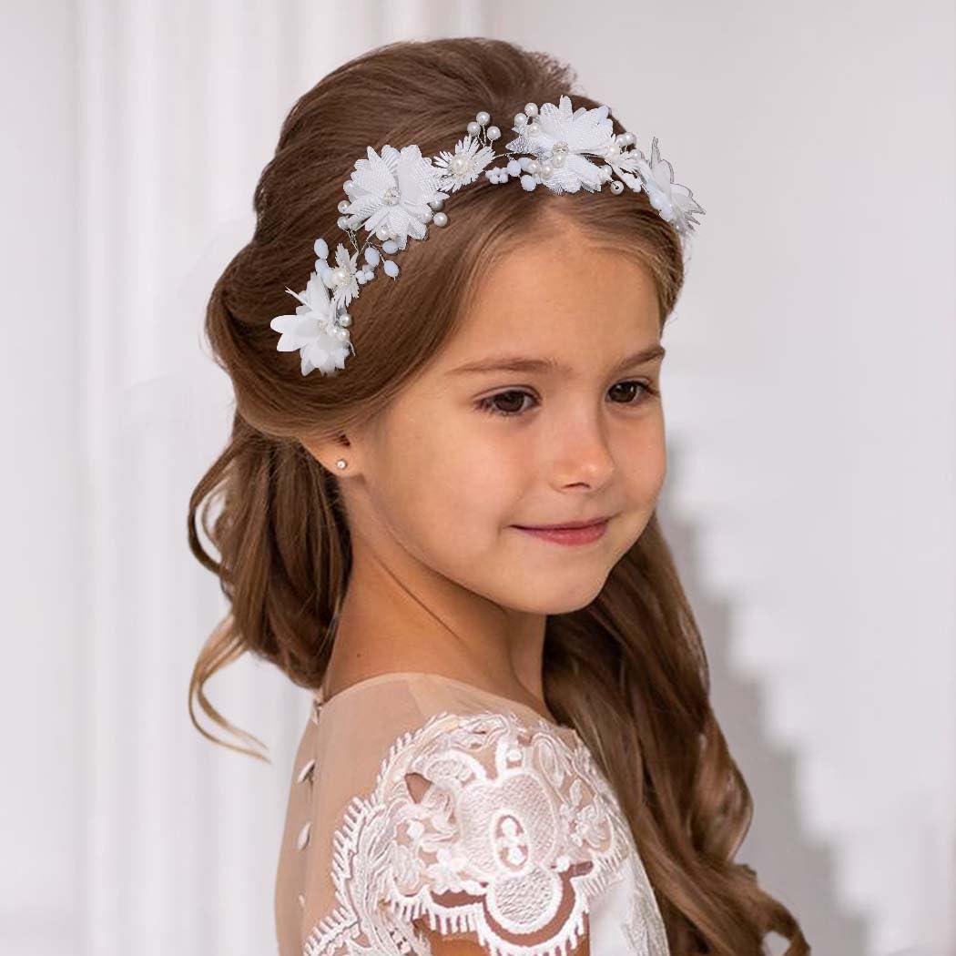 Campsis Campsis Flower Girl Headpiece White Princess Headband Pearl First Communion Hair Bands Wedding Birthday Party Hair Accessories for Women and Girls