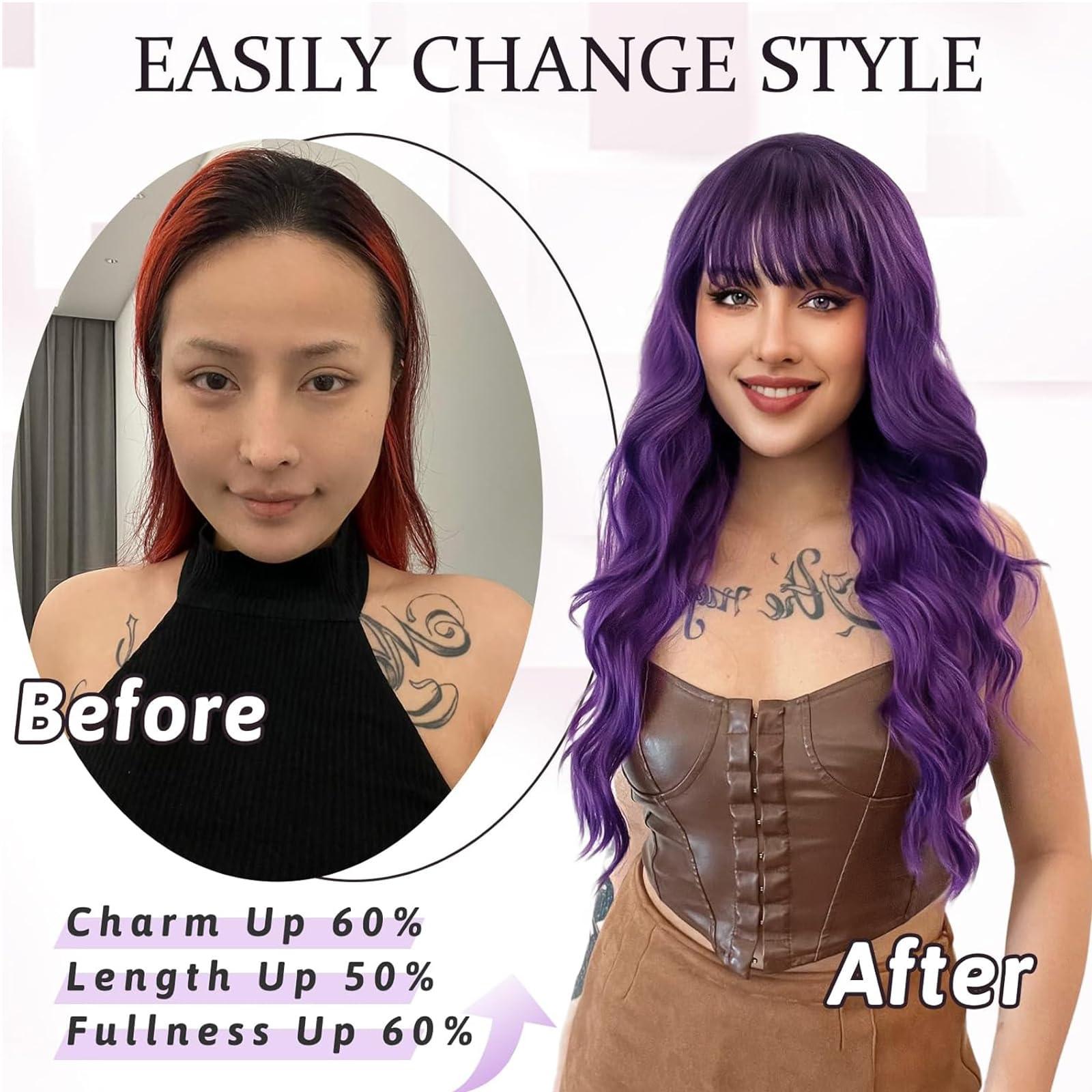 Petelf Long Purple Wigs for Women Ombre Dark Purple Wig with Bangs Dark Roots Wet and Wavy Wig Heat Resistant Glueless Synthetic Hair Replacement Cosplay Wig (Purple)