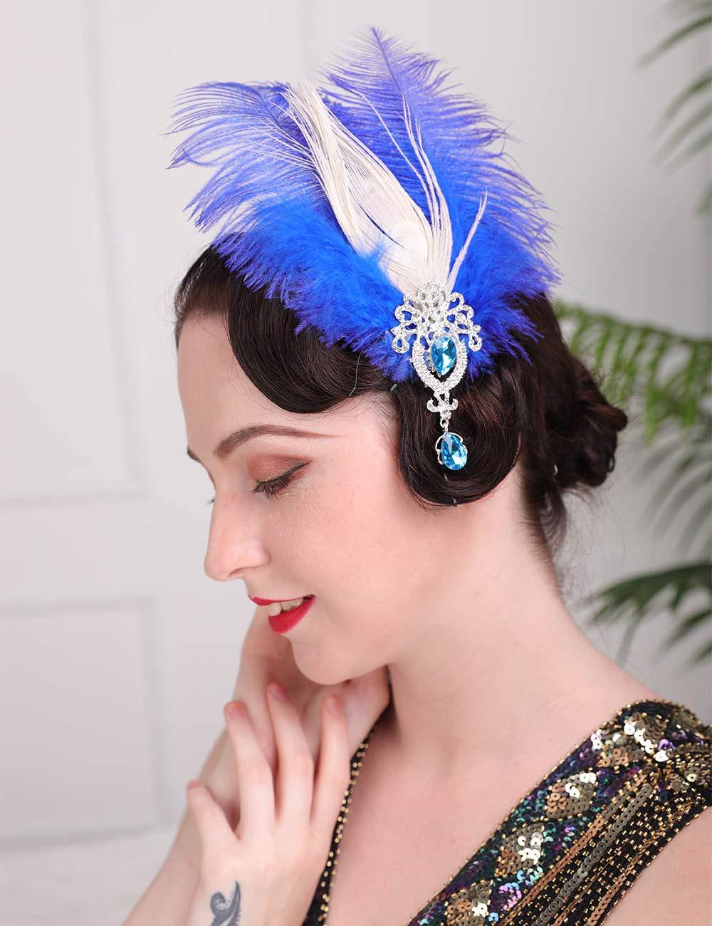 Aimimier Aimimier 1920s Flapper Feather Hair Clip Blue Crystal Teardrop Feather Headpiece Prom Party Roaring 20s Hair Jewelry for Women and Girls (Style 2)