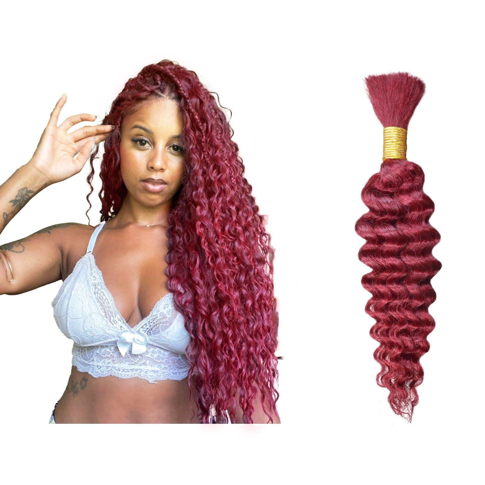 LUXLUSH Burgundy Human Braiding Hair 16 Inch 50 g 1 Bundle Deep Water Wave Bulk Human Hair for Braiding Curly Human Hair for Boho Braids Wet and Wavy Human Hair Extensions No Weft Micro Braiding Hair
