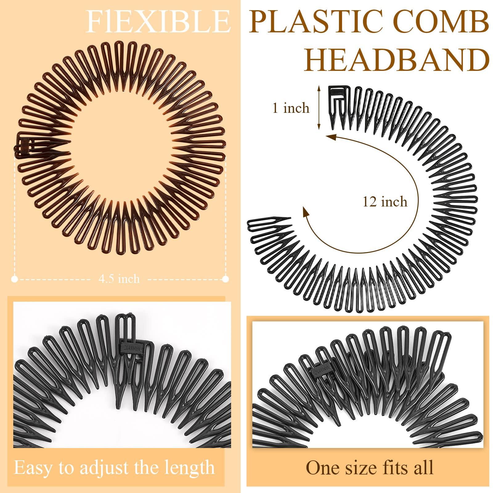 Potchen 20 Pcs Full Circular Stretch Comb Flexible Circle Comb Circular Plastic Headband with Teeth 90s Hair Accessories Hairband Holder for Women Girls Yoga Sports (Black, Coffee, Clear, White)