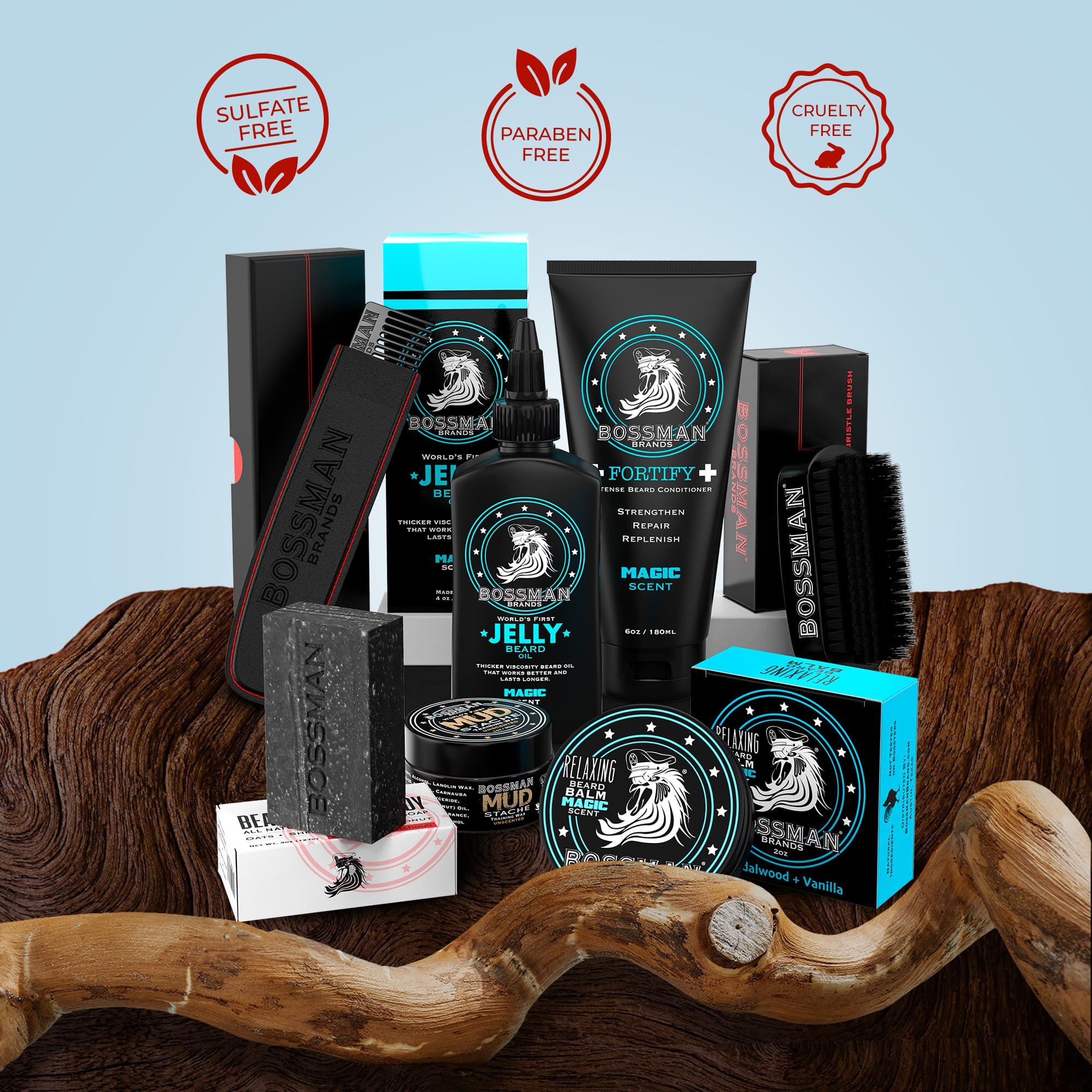 Bossman Bossman Big Boss Beard Care Kit for Men - 7 Piece Beard Grooming Kit with Jelly Beard Oil, Beard Conditioner, Beard Balm, MUDstache Wax, Bar Soap, Metal Comb, Brush - Mustache Kit (Magic)