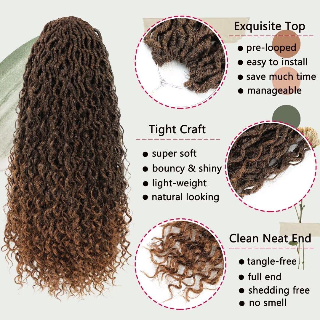 Alimiriam 8 Packs New Goddess Locs Crochet Hair 18 Inch Ombre Brown River Locs Crochet Hair with Curly Ends Pre-looped Curly Faux locs Braids Hair Boho Style Synthetic Hair Extensions (18\" 8Packs T1B/30#)
