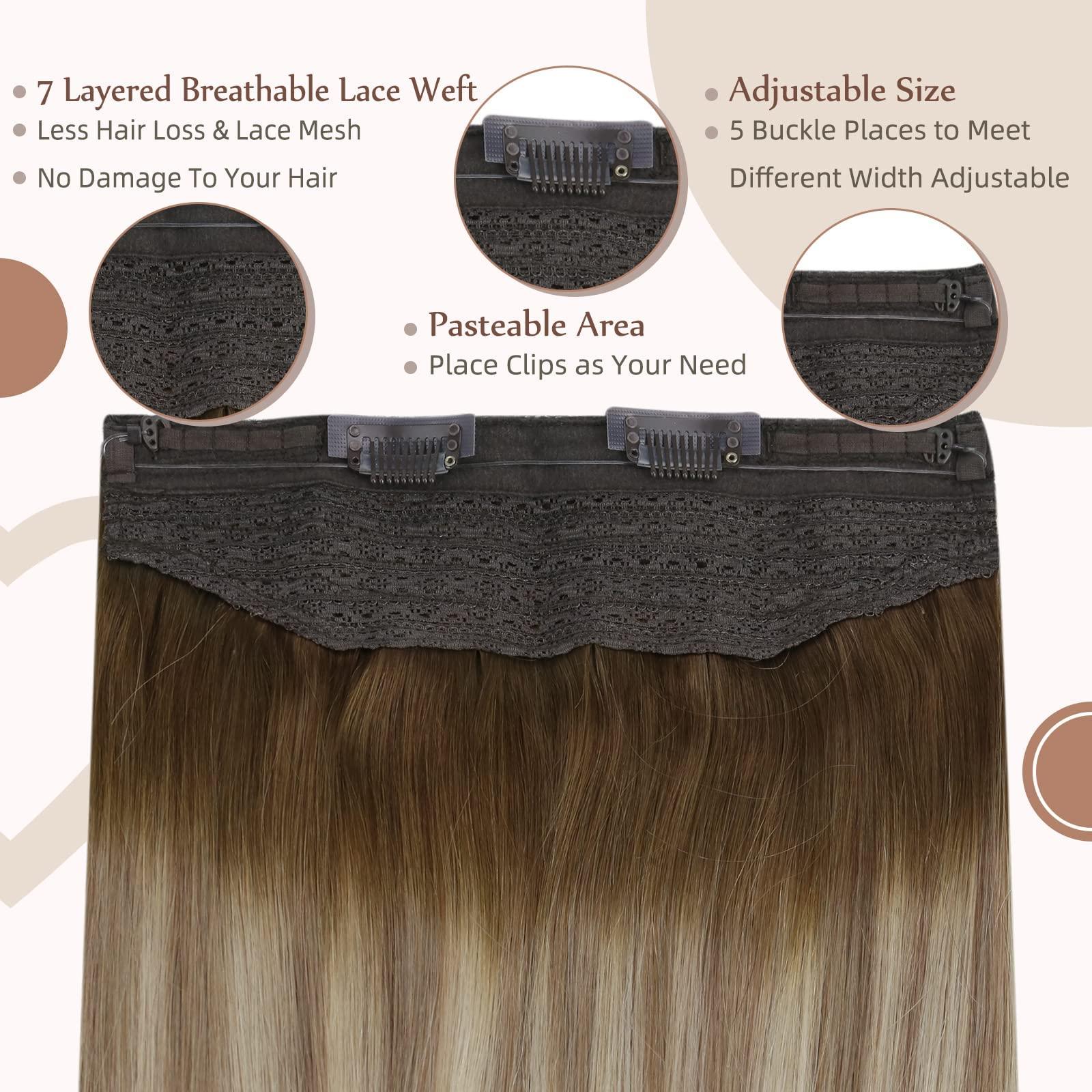Fshine Fshine Invisible Wire Hair Extensions Real Human Hair 14 Inch Wire Human Hair Extensions Balayage Walnut Brown to Ash Brown and Butter Blonde One Piece Hair Extensions Clip in Human Hair Remy Hair 70g