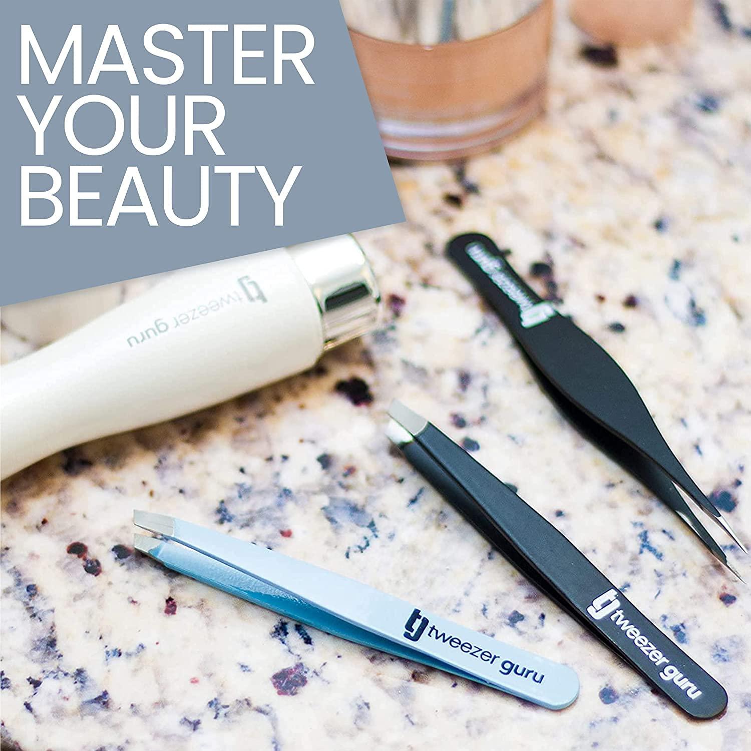 TWEEZER GURU Tweezer Guru Tweezers for Women - 2pc Slant Pointed Precision Tweezers for Eyebrows & Ingrown Hair Removal - Blackhead and Splinter Tweezer with Sharp Needle Nose Point for Plucking (Sky Blue)