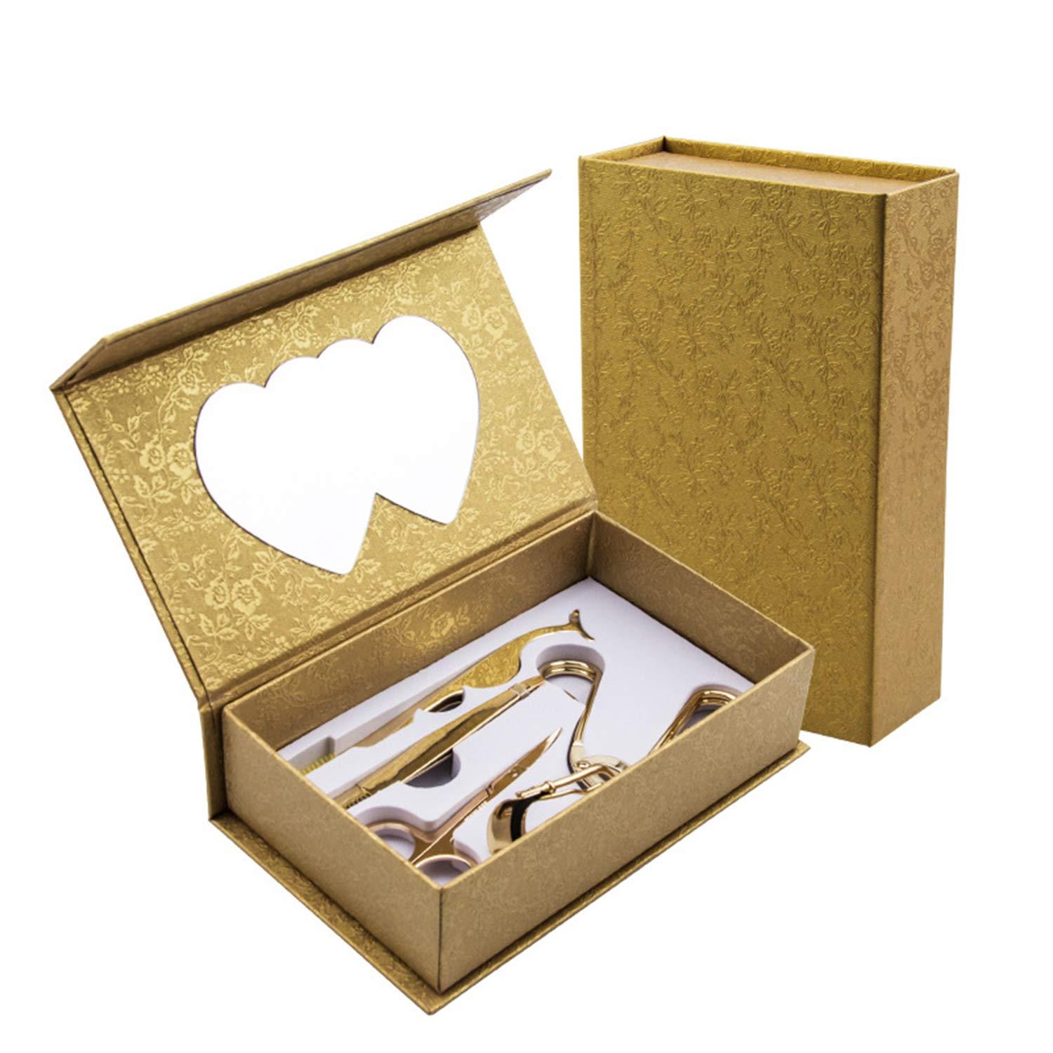 Hawencer Eyelash Curler kit,4 in1Eyelash beauty Set with Eyelash Curle, Eyebrow and Eyelash Extension Tweezers,and Scissors, Eyelash Eyebrow Brush Comb, Silicone Refill Pads and One Box Eyelashes (gold)