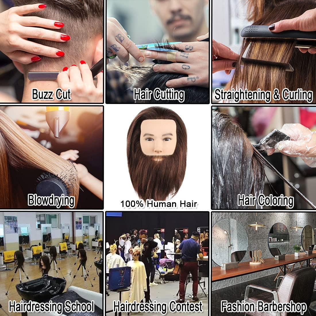 Newshair NEWSHAIR Male Mannequin Head with Beard 100% Human Hair Haircut Training Head with Thick Hair Hairdresser Manikin Head Doll Head for Styling and Practice Handsome Face Adult Head Size (8-10Inch 3B#)
