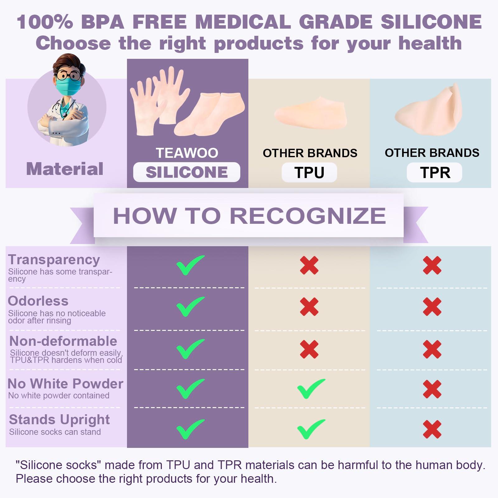 TEAWOO TEAWOO 2 Pairs Silicone Socks Gloves Set for Dry Cracked Feet Hands, Silicone Moisturizing Socks for Women, Hand Foot Care, Spa Gel Socks Gloves After Pedicure (Socks Fits Up to Size 10)