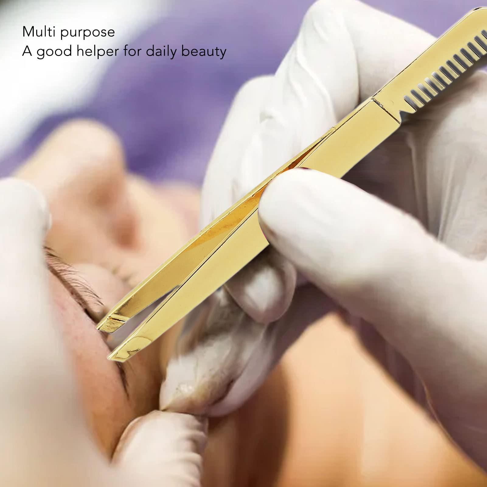 TITA-DONG 2pcs Slant Pointed Tweezer with Comb, Stainless Steel Eyebrow Tweezer Set, High Hardness Double Headed Tweezer Comb, Professional Eyebrow Trimming Tool for Women Facial, Golden