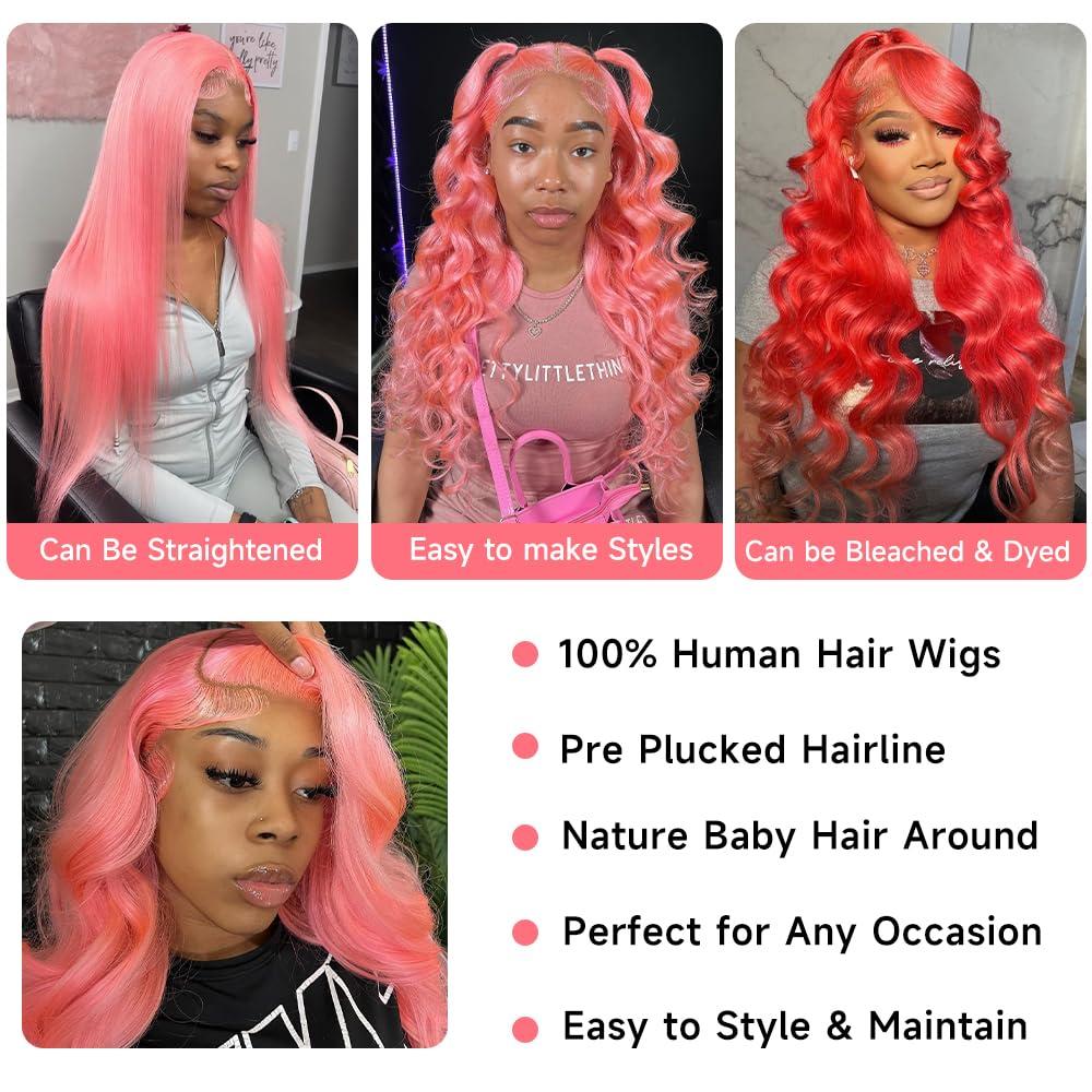 Otinid Pink Lace Front Wig - Human Hair, 13x4 HD Lace Frontal, Pre-Plucked Body Wave, 180% Density, Glueless, 28 Inch