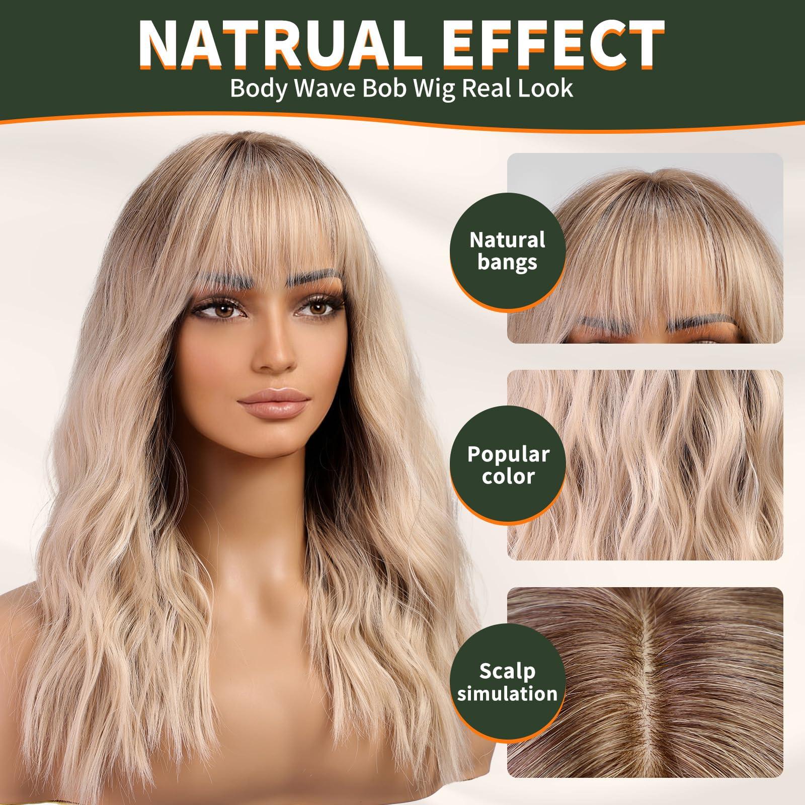 KOME KOME Blonde Wig with Bangs,Dirty Blonde Wavy Wigs for Women,Shoulder Length Curly Synthetic Hair Wig for Party Daily Use 18IN