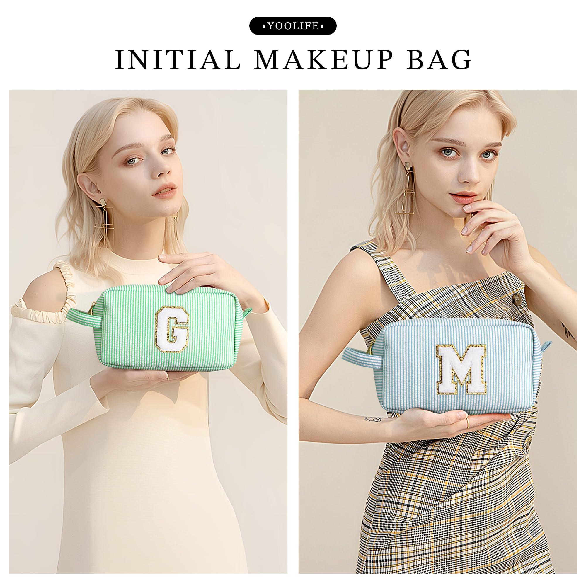 YOOLIFE YOOLIFE Makeup Bag - Initial Makeup Bag Cosmetic Bag, Make Up Bag, Monogram Makeup Bags, Travel Toiletry Bag, Cute Makeup Pouch Makeup Case, Personalized Green Initial Makeup Bags for Women K