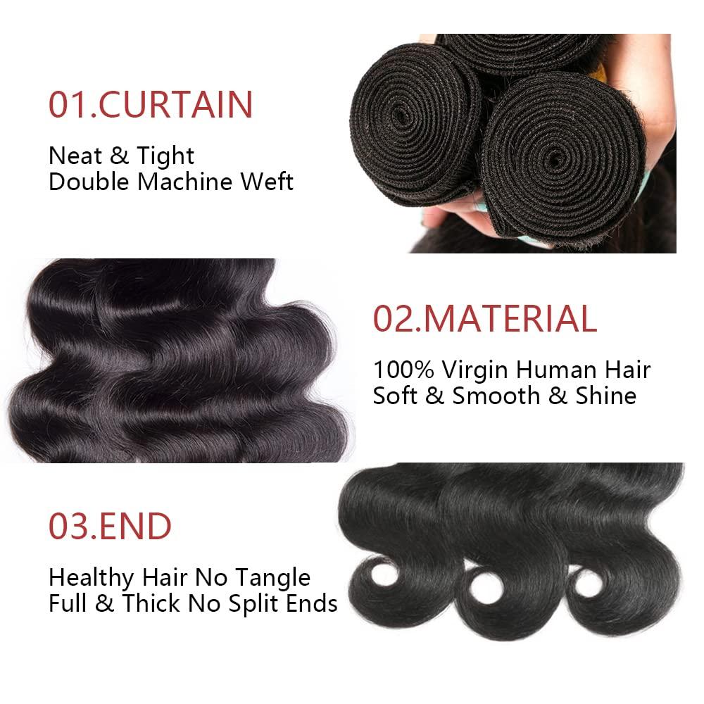 lorauroga 12 14 16 Inch Body Wave Brazilian Remy Hair Weaves Real Human Hair Extensions Natural Black Grade 8A Unprocessed Virgin Hair Bundles Double Weft Hair Weave For Women