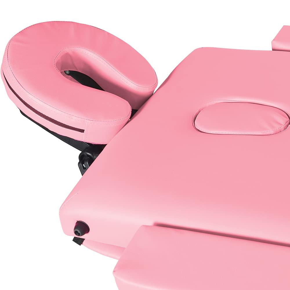 RICA-J RICA-J Massage Table, 3 Folding Height Adjustable Massage Bed, Portable Wood Leg PU Leather Massage Table with Ergonomic Headrest & Face Hole (Pink)