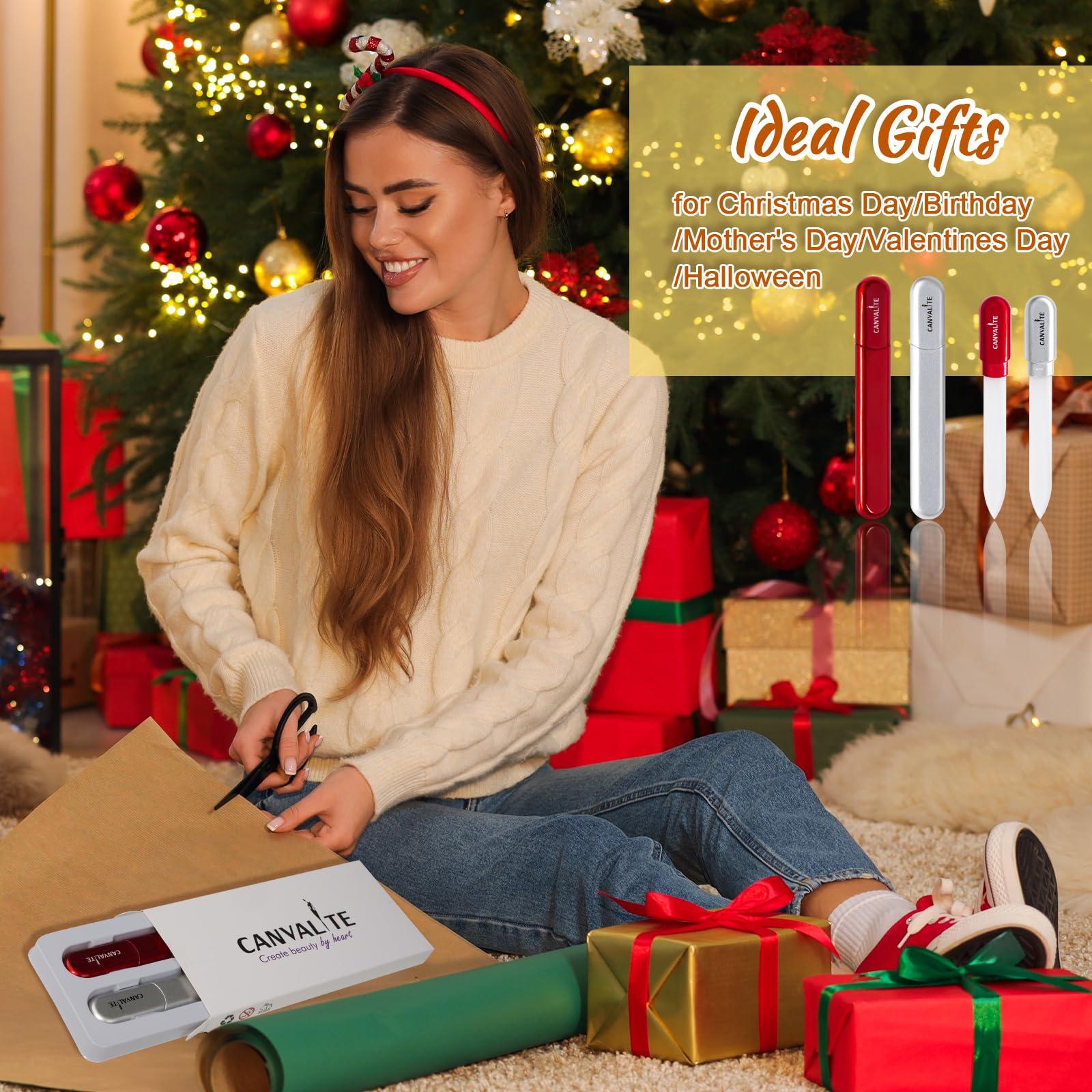 CANVALITE CANVALITE Glass Nail File Set for Natural Nails Crystal Nail Files Glass Fingernail File Double-Sided Etched Gentle Nail Care Stocking Stuffers for Women Girls Gifts, Pack of 2(Silver + Red)