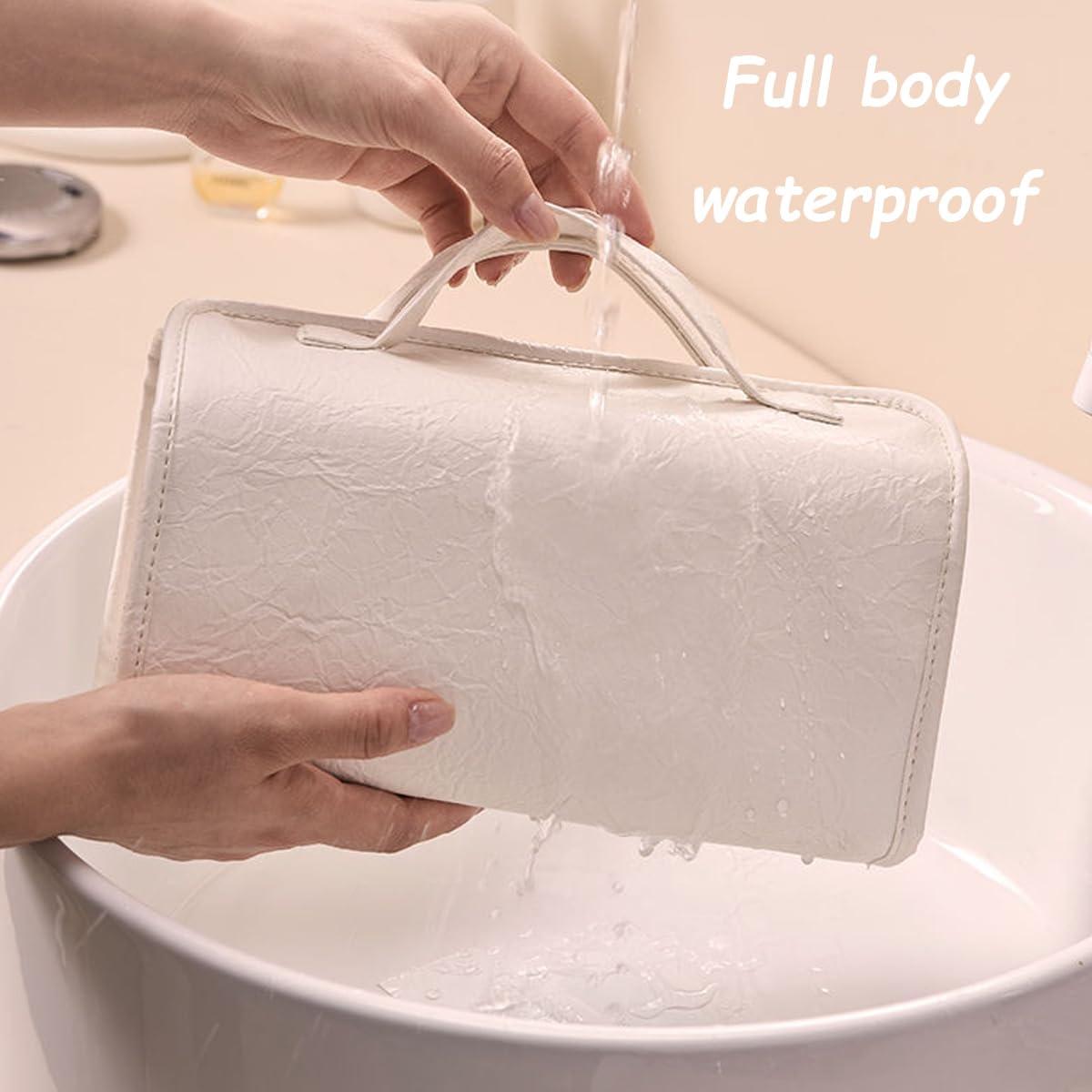 Generic Leather Waterproof Cosmetic Bag, Roll Up Toiletry Makeup Hanging Bag With Compartments, Multi Travel Roll Up Bag (White)