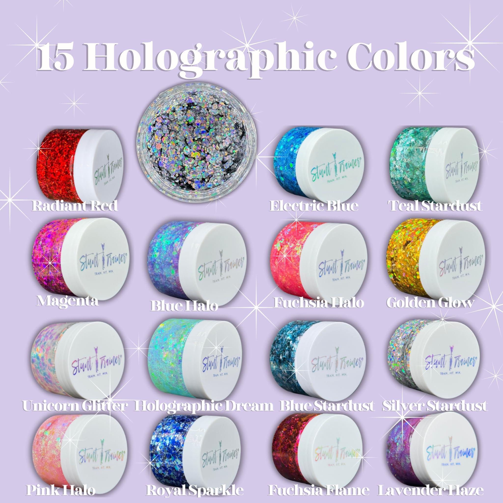 Stunt Trainer Stunt Trainer Cheer Glitter Face Body Makeup Peel Off Gel Chunky Holographic 15 Colors 1.6oz Vegan Cruelty Free Nontoxic Cheerleader Cheerleading Makeup