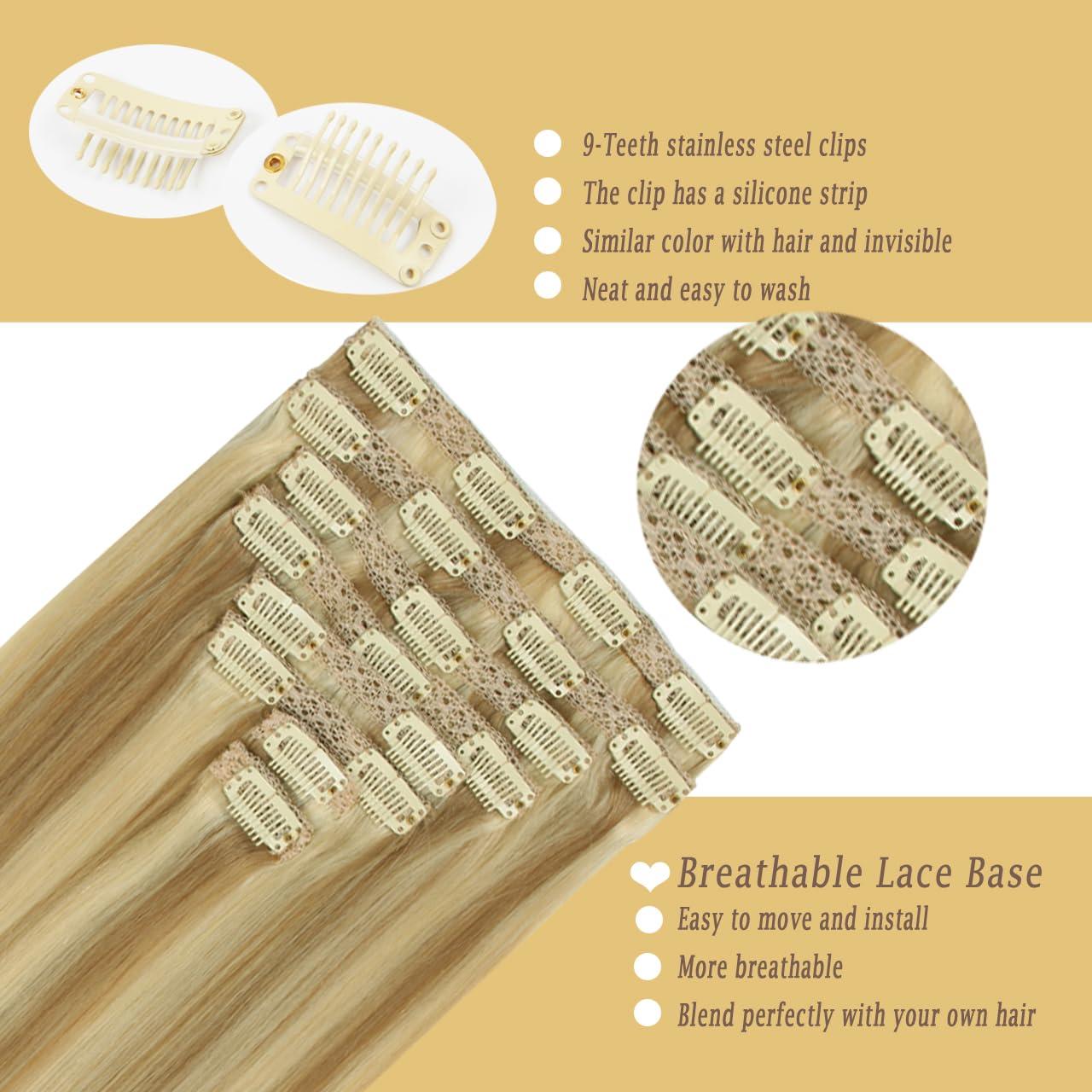 ZLCHE Clip in Hair Extensions Real Human Hair, 12\" 90g Straight Hair Extension Clip ins with Lace Weft, 8 Pcs Weft with 20 Pcs Clips (#18/613 Dark Blonde Highlighted Bleach Blonde, 12 Inch)