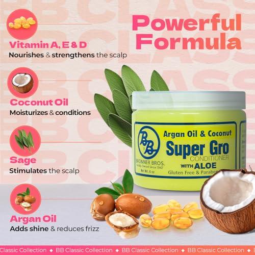 BB Bronner Bros BB Argan Oil & Coconut Super Gro - Hair Gel for Dry Itchy Scalp Treatment, Moisturizer, Reduces Dryness & Split-Ends - Made with Vitamin A, E, D, Sage, Argan Oil & Coconut Oil - 6 oz