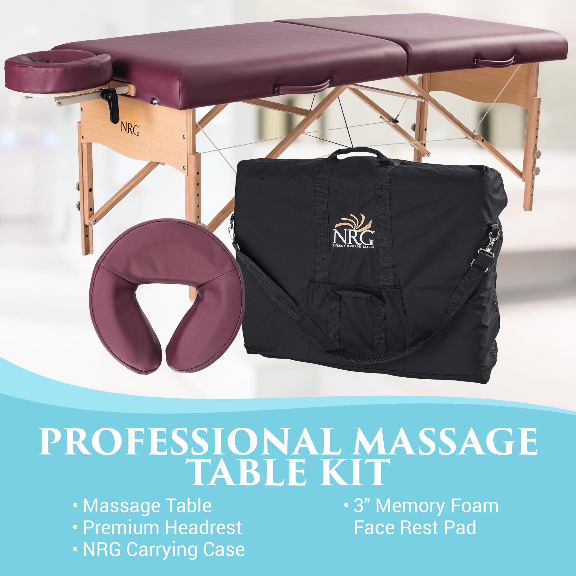 NRG NRG Chi Portable Massage Table Package | Burgundy | Folding Lightweight Massage Bed | Professional Spa Table with Face Cradle, Double Wheel Knobs & Carrying Case