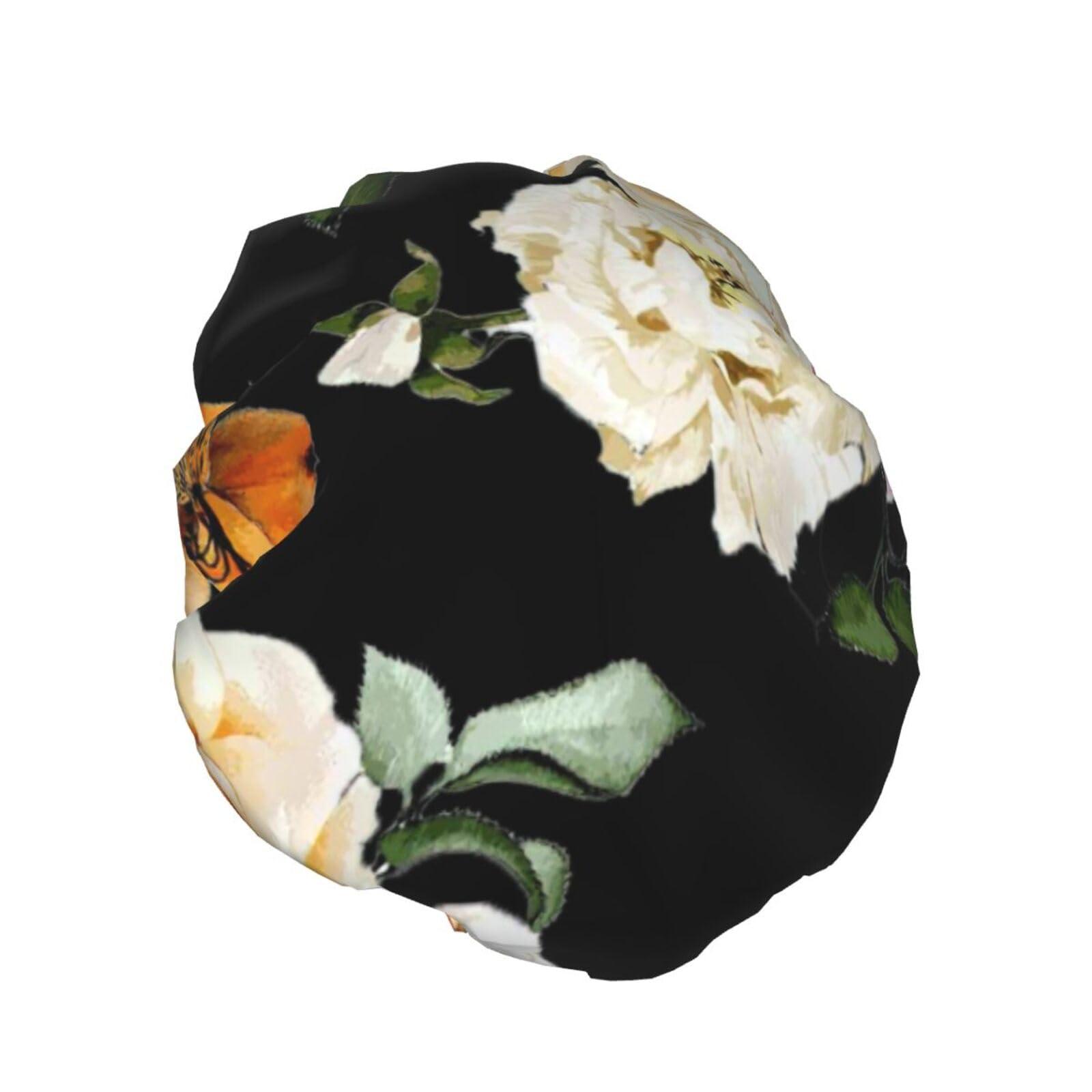 WURTON WURTON Cream Shabby Rose Flower Print Soft Shower Cap for Women, Reusable Environmental Protection Hair Bath Caps