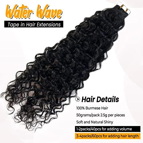 Valiilo Curly Tape ins Human Hair Extensions Water Wave Remy Hair Tape in Extensions Invisible Double Sided Skin Weft 20pieces 50gram Seamless Natural Black Wavy Tape for Hair Extensions 14 Inch