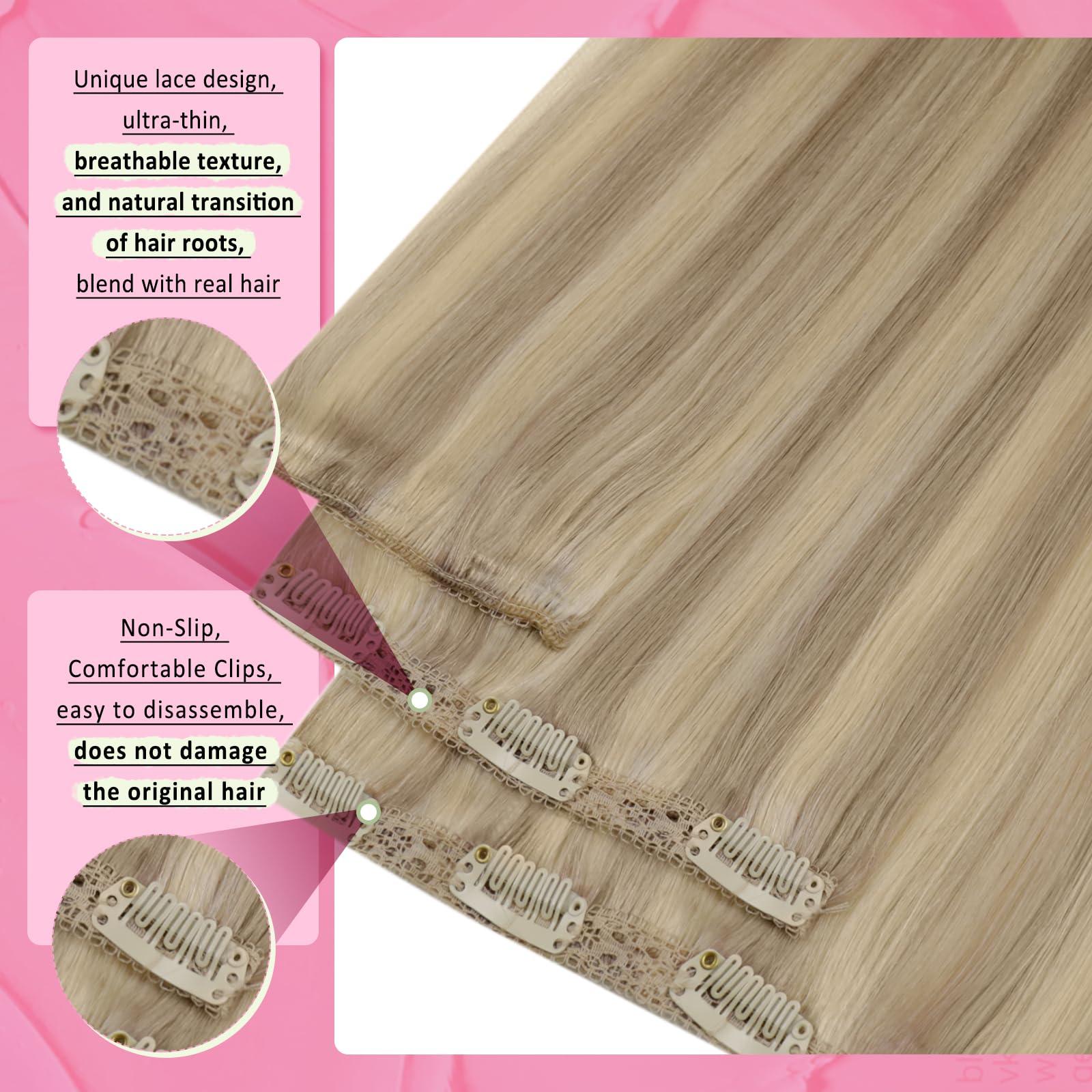 YoungSee YoungSee Clip in Hair Extensions Real Human Hair Highlight Clip on Hair Extensions Light Blonde Highlighted Golden Blonde Real Hair Clip in Extensions Convenient for Women 22Inch 120G 7Pcs