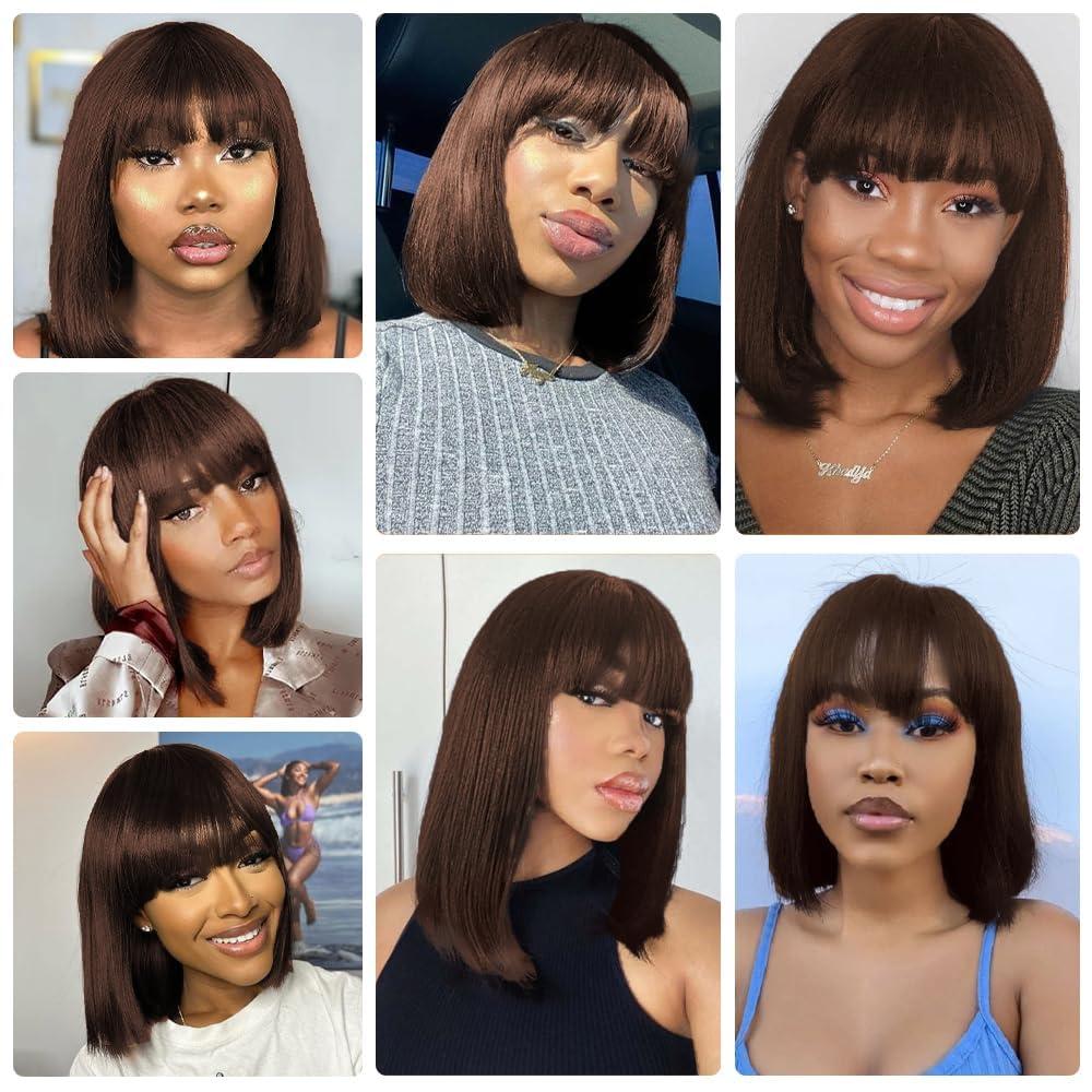 NICMISS NICMISS Chocolate Brown Human Hair Wigs with Bangs Short Bob Wig Human Hair 14 Inch Straight Bob Wigs for Black Women Human Hair Glueless None Lace Front Brazilian Hair Dark Brown