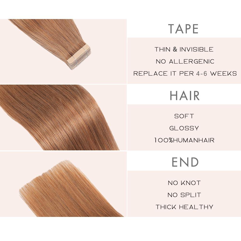 OBHD Light Brown Tape in Hair Extensions Human Hair, 20pcs 16 Inch Remy Hair Extensions Straight Human Hair Tape in Extensions Skin Weft Tape Extensions Human Hair (30#,16 Inch)